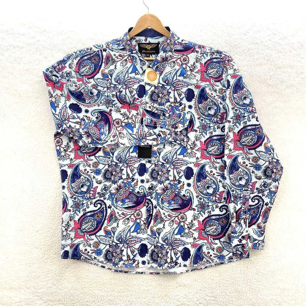 Premiere Multicolor Paisley Shirt Button Up Long Sleeve Polyester Mens 5XL NWT